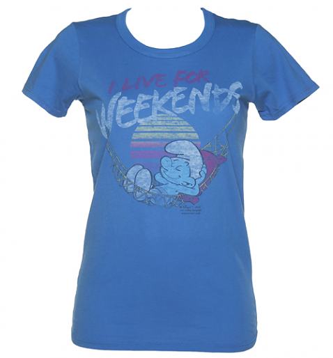  Ladies Blue Smurfs Live For Weekends Boyfriend T-Shirt from Junk Food
